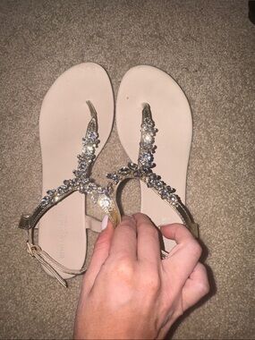 Benjamin Walk Nude Sandals with Gold Jeweled Straps